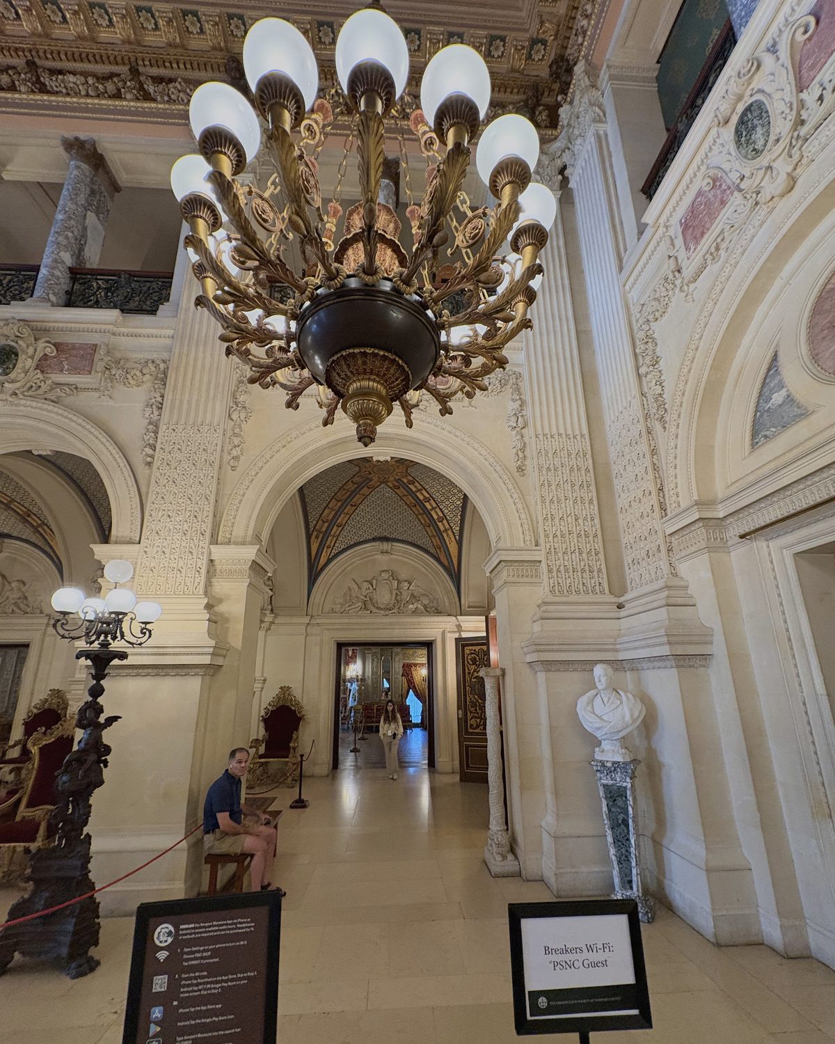 The Great Hall at The Breakers, chandelier and limestone arcade